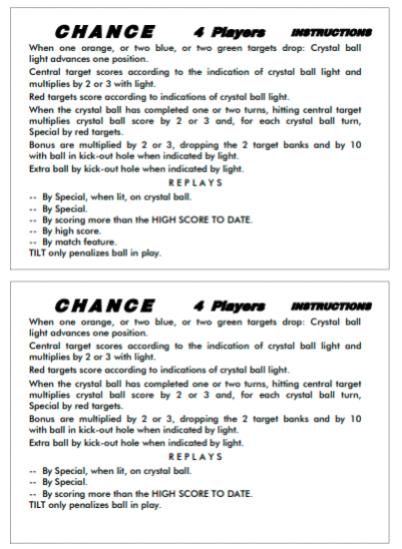 CHANCE (Playmatic) Score Cards (2)