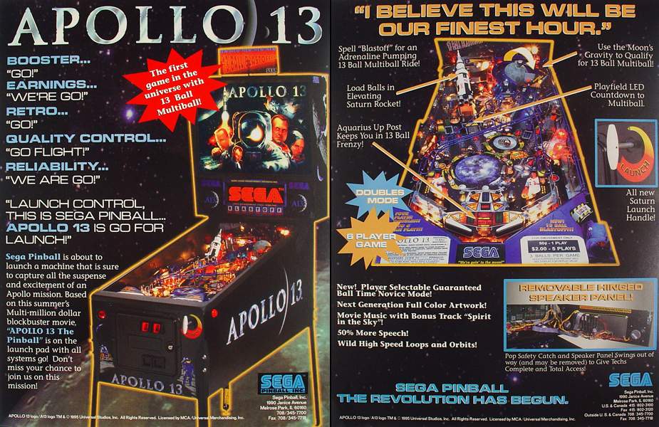 F-APOLLO13 - APOLLO 13 (Sega) Flyer - Marco Specialties Pinball Parts
