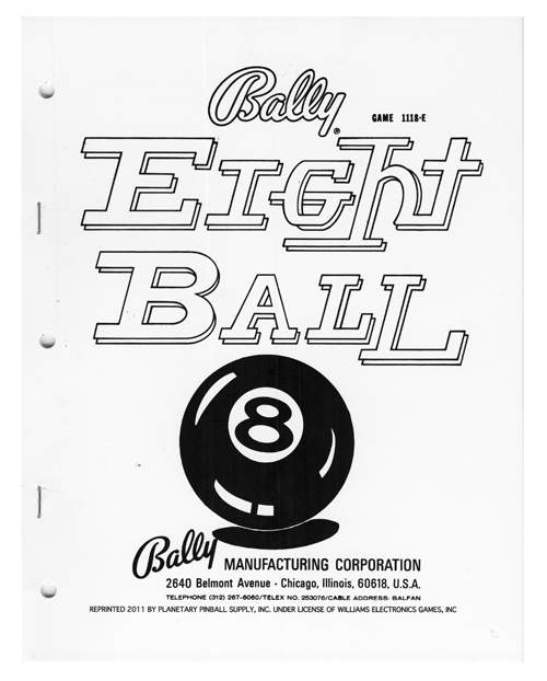 EIGHT BALL (Bally 1977) Manual & Schematic - Reprint