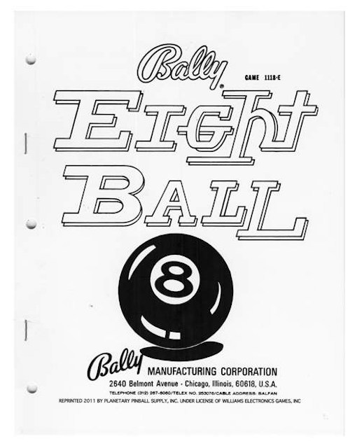 EIGHT BALL (Bally 1977) Manual & Schematic - Reprint