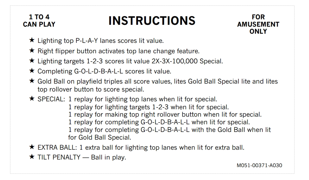 GOLD BALL (Bally) Score cards (10)