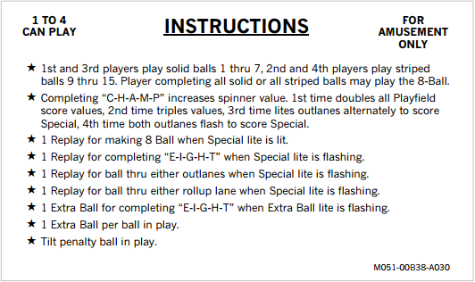 EIGHT BALL CHAMP (Bally) Score Cards (8)
