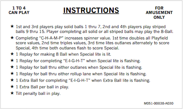 EIGHT BALL CHAMP (Bally) Score Cards (8)