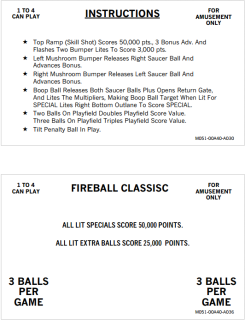 FIREBALL CLASSIC (Bally) Score card Set (5)