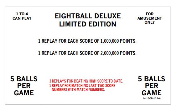 EIGHT BALL DELUXE LE (Bally) Score Cards