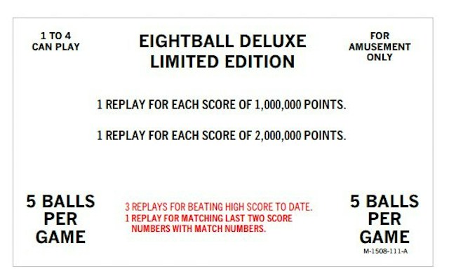 EIGHT BALL DELUXE LE (Bally) Score Cards