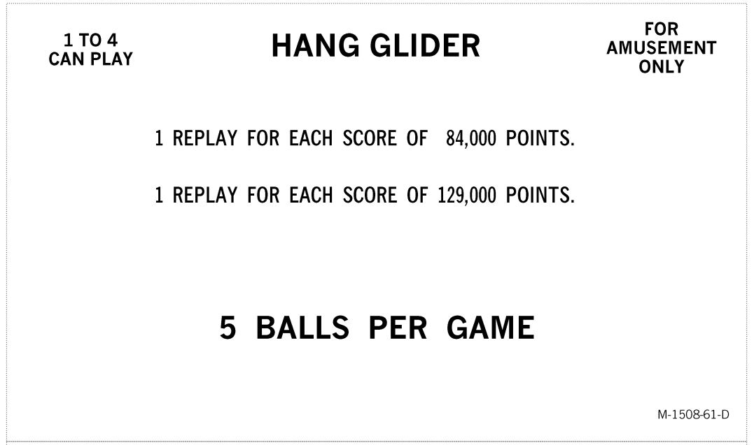 HANG GLIDER (Bally) Score cards (5)