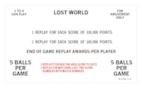 LOST WORLD (Bally) Score Cards (7)