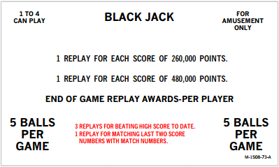 BLACK JACK (Bally) Score Card