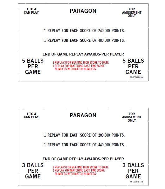 PARAGON (Bally) Score Card Set