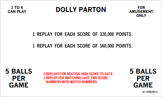 DOLLY PARTON (Bally) Score Cards