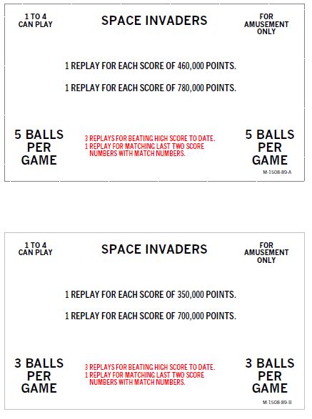 SPACE INVADERS (Bally) Score Cards