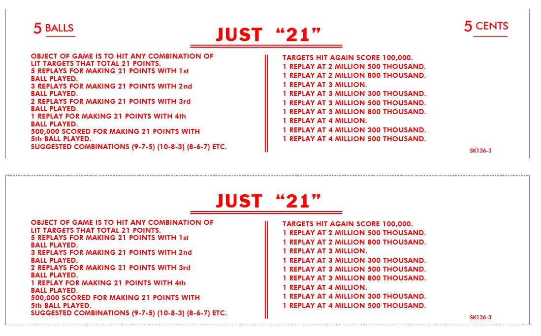 JUST 21 (Gottlieb) Score cards
