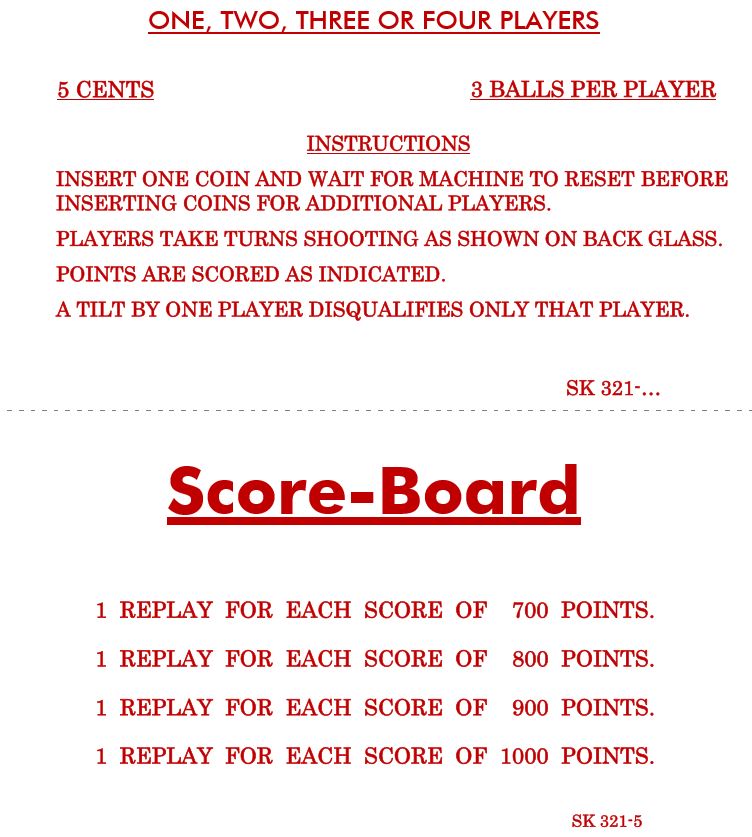 SCORE BOARD (Gottlieb 1956) Score Cards