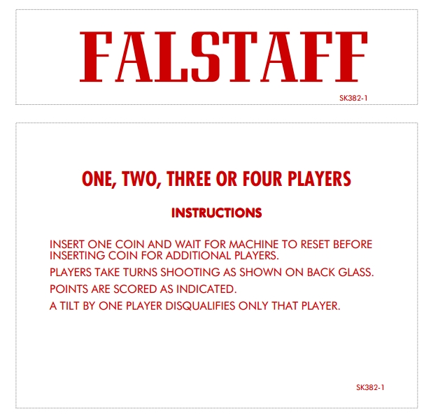 FALSTAFF (Gottlieb) Score Cards