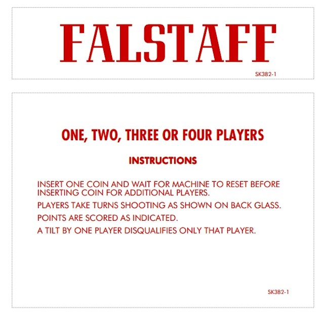 FALSTAFF (Gottlieb) Score Cards
