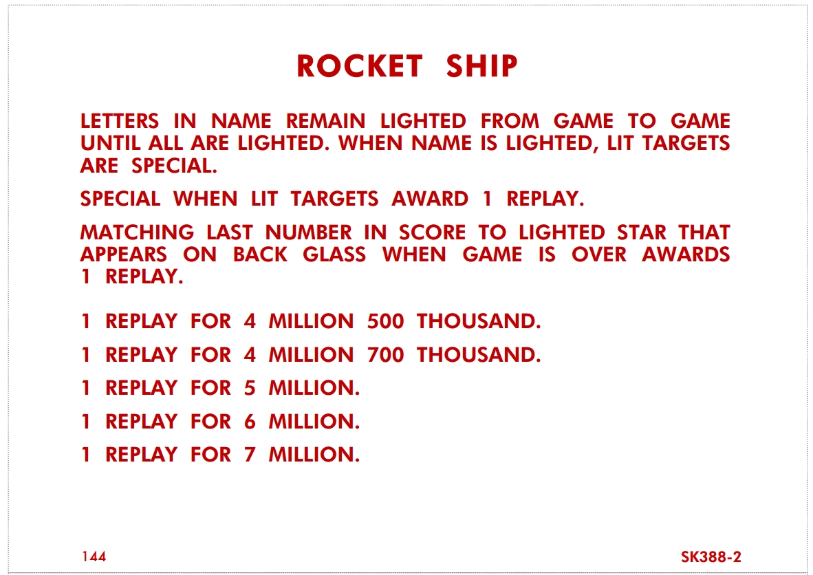ROCKET SHIP (Gottlieb) Score Cards