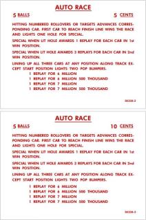 AUTO RACE (Gottlieb) Score cards (12)