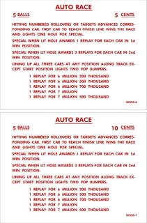 AUTO RACE (Gottlieb) Score cards (12)