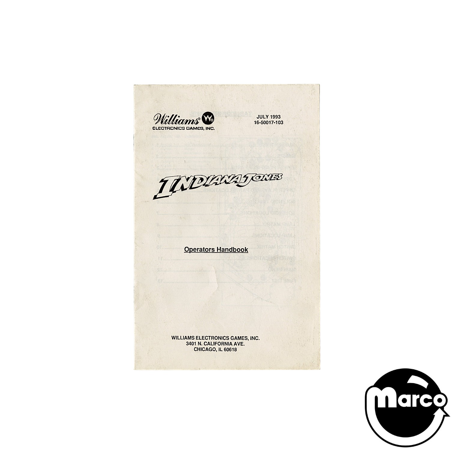 INDIANA JONES (Williams) Handbook