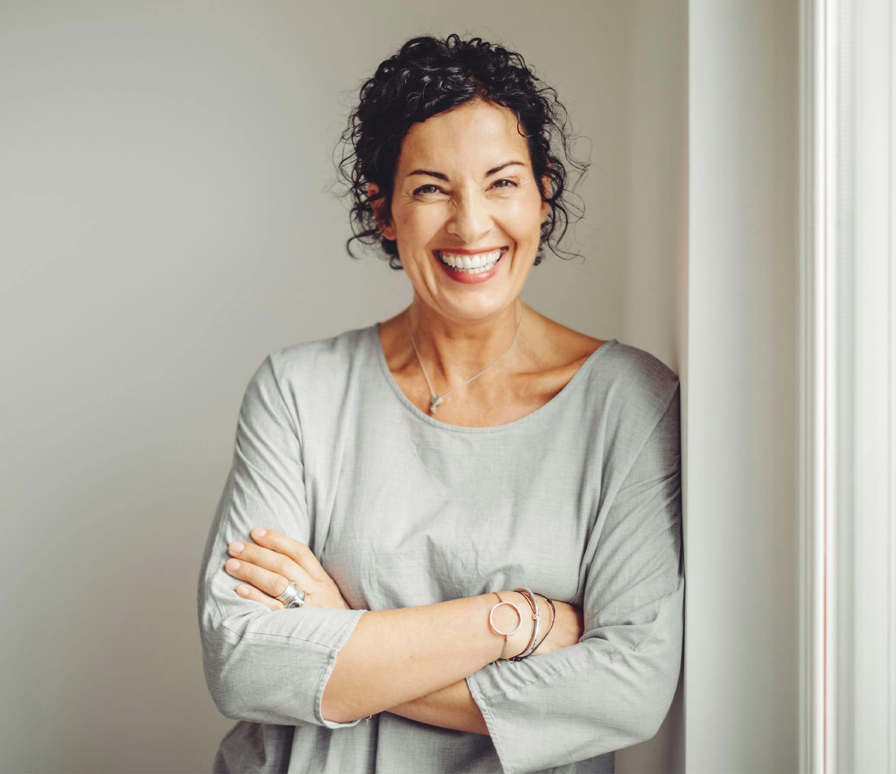Woman in striped shirt smiling