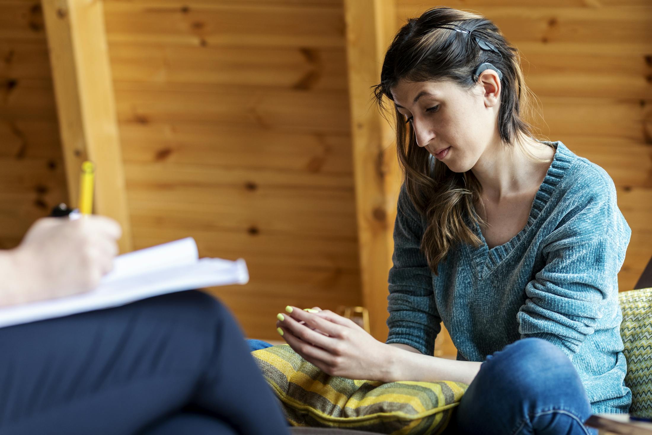 Woman with a cochlear implant
