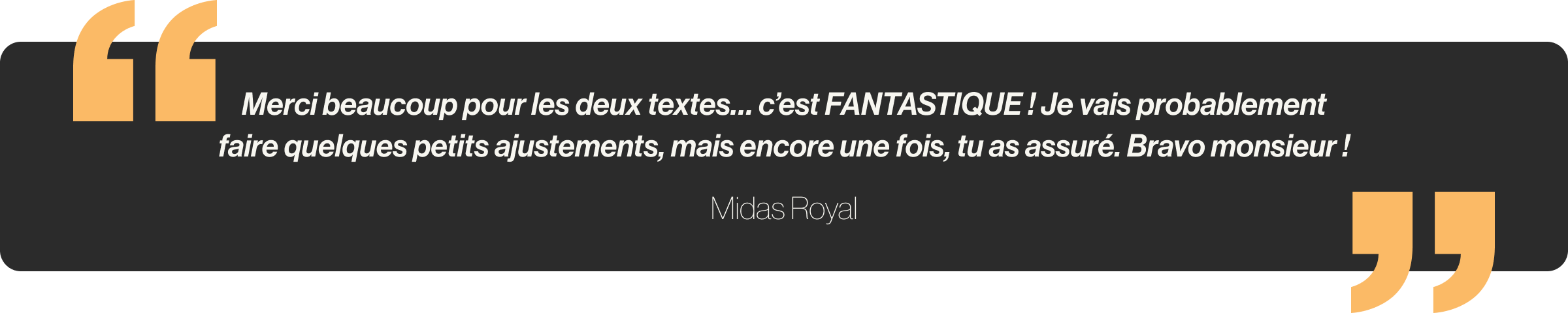 Merci beaucoup pour les deux textes… c’est FANTASTIQUE ! Je vais probablement faire quelques petits ajustements, mais encore une fois, tu as assuré. Bravo monsieur !