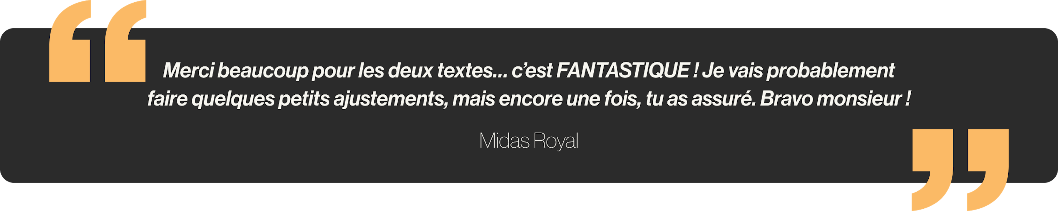 Merci beaucoup pour les deux textes… c’est FANTASTIQUE ! Je vais probablement faire quelques petits ajustements, mais encore une fois, tu as assuré. Bravo monsieur !