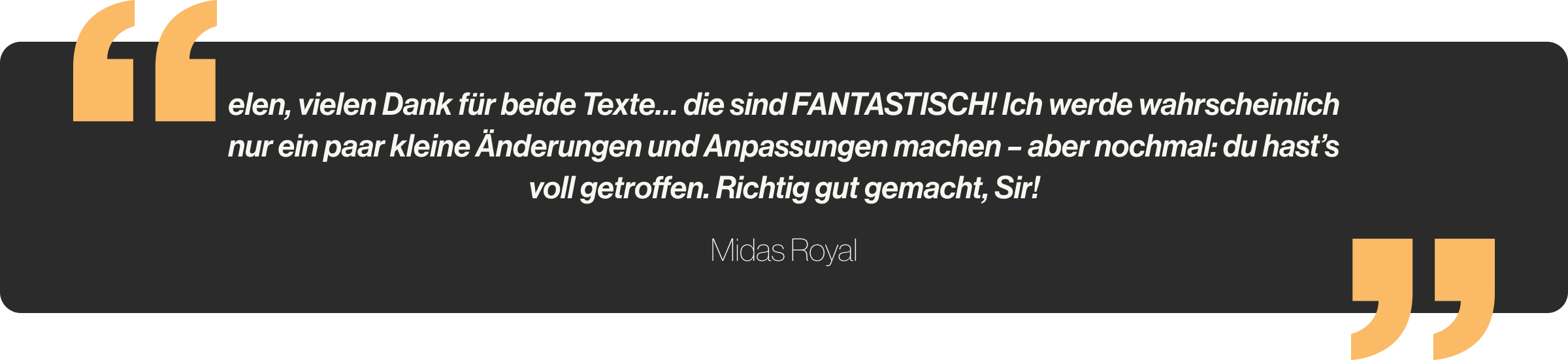 elen, vielen Dank für beide Texte… die sind FANTASTISCH! Ich werde wahrscheinlich nur ein paar kleine Änderungen und Anpassungen machen – aber nochmal: du hast’s voll getroffen. Richtig gut gemacht, Sir!