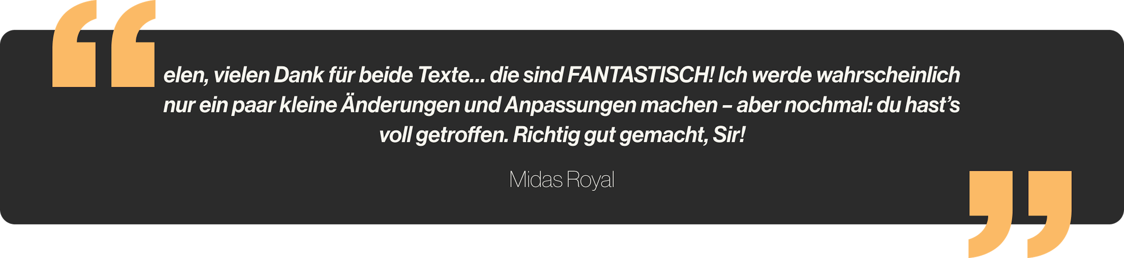 elen, vielen Dank für beide Texte… die sind FANTASTISCH! Ich werde wahrscheinlich nur ein paar kleine Änderungen und Anpassungen machen – aber nochmal: du hast’s voll getroffen. Richtig gut gemacht, Sir!