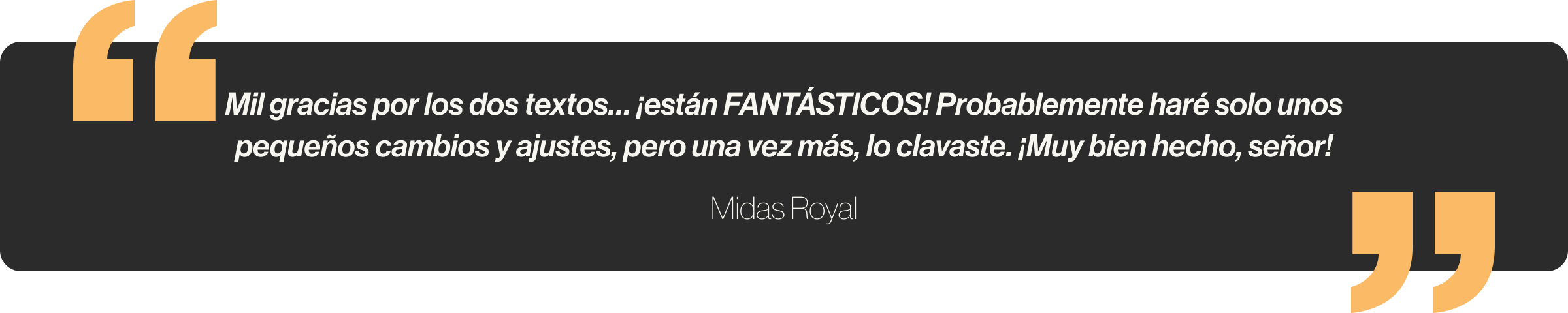 Mil gracias por los dos textos… ¡están FANTÁSTICOS! Probablemente haré solo unos pequeños cambios y ajustes, pero una vez más, lo clavaste. ¡Muy bien hecho, señor!