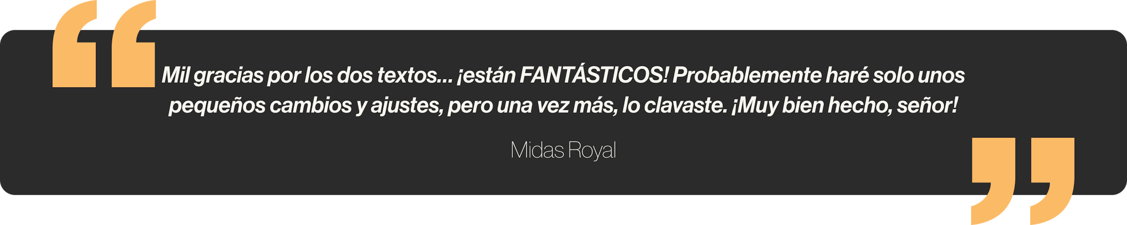 Mil gracias por los dos textos… ¡están FANTÁSTICOS! Probablemente haré solo unos pequeños cambios y ajustes, pero una vez más, lo clavaste. ¡Muy bien hecho, señor!