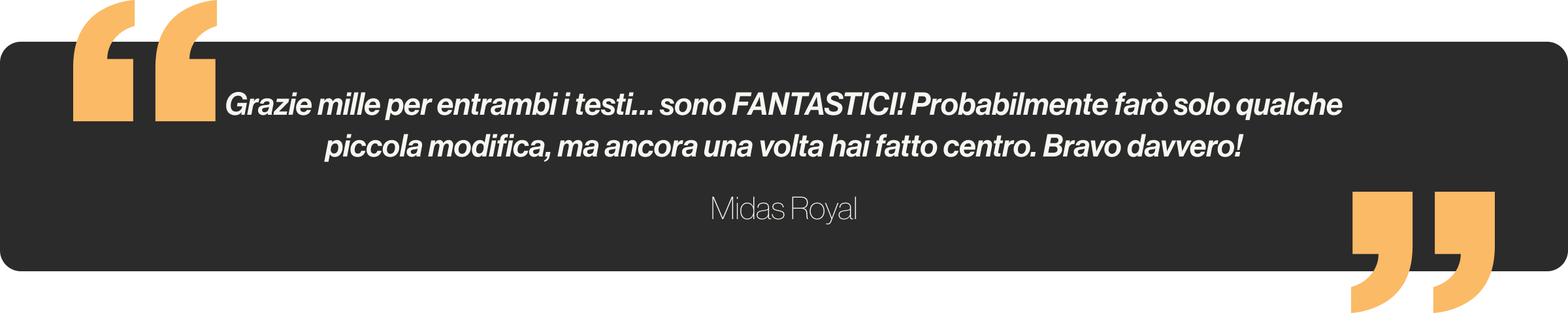 Grazie mille per entrambi i testi… sono FANTASTICI! Probabilmente farò solo qualche piccola modifica, ma ancora una volta hai fatto centro. Bravo davvero!