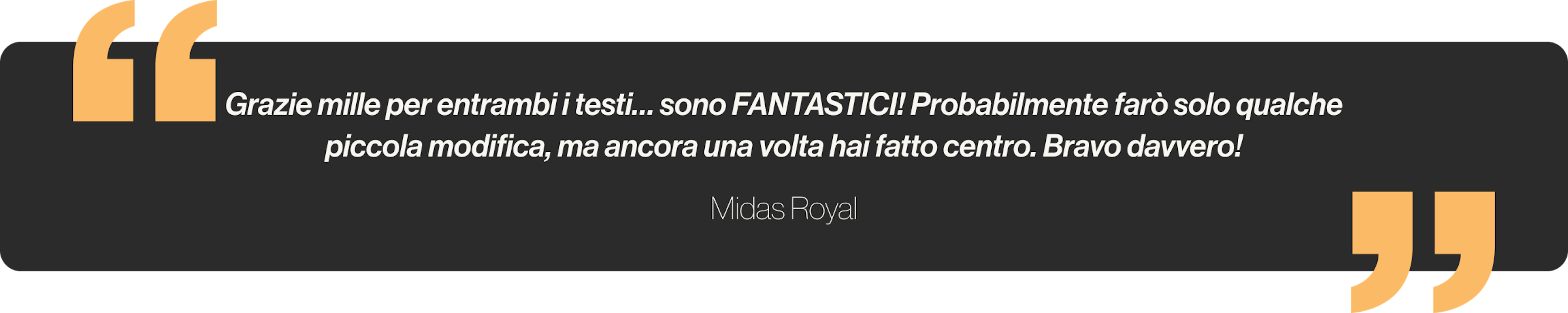 Grazie mille per entrambi i testi… sono FANTASTICI! Probabilmente farò solo qualche piccola modifica, ma ancora una volta hai fatto centro. Bravo davvero!