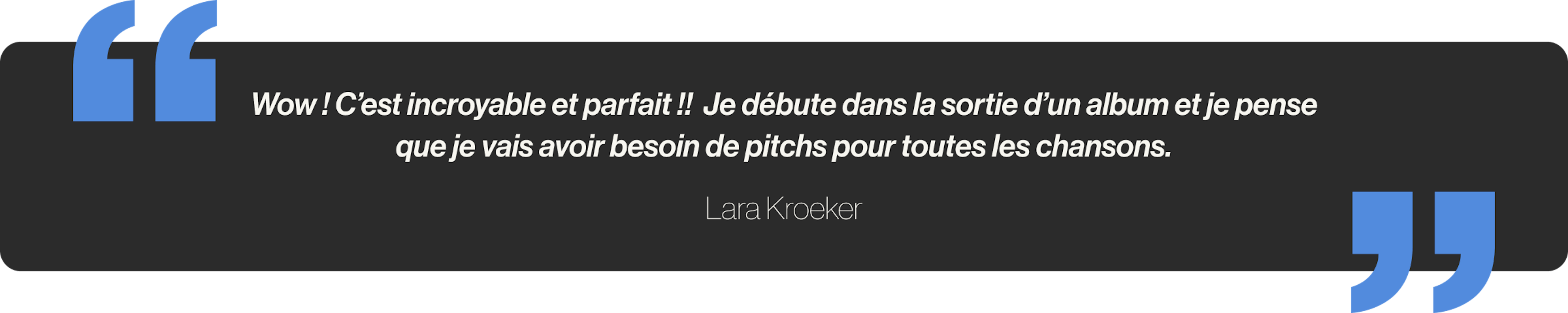 Wow ! C’est incroyable et parfait !!  Je débute dans la sortie d’un album et je pense que je vais avoir besoin de pitchs pour toutes les chansons.