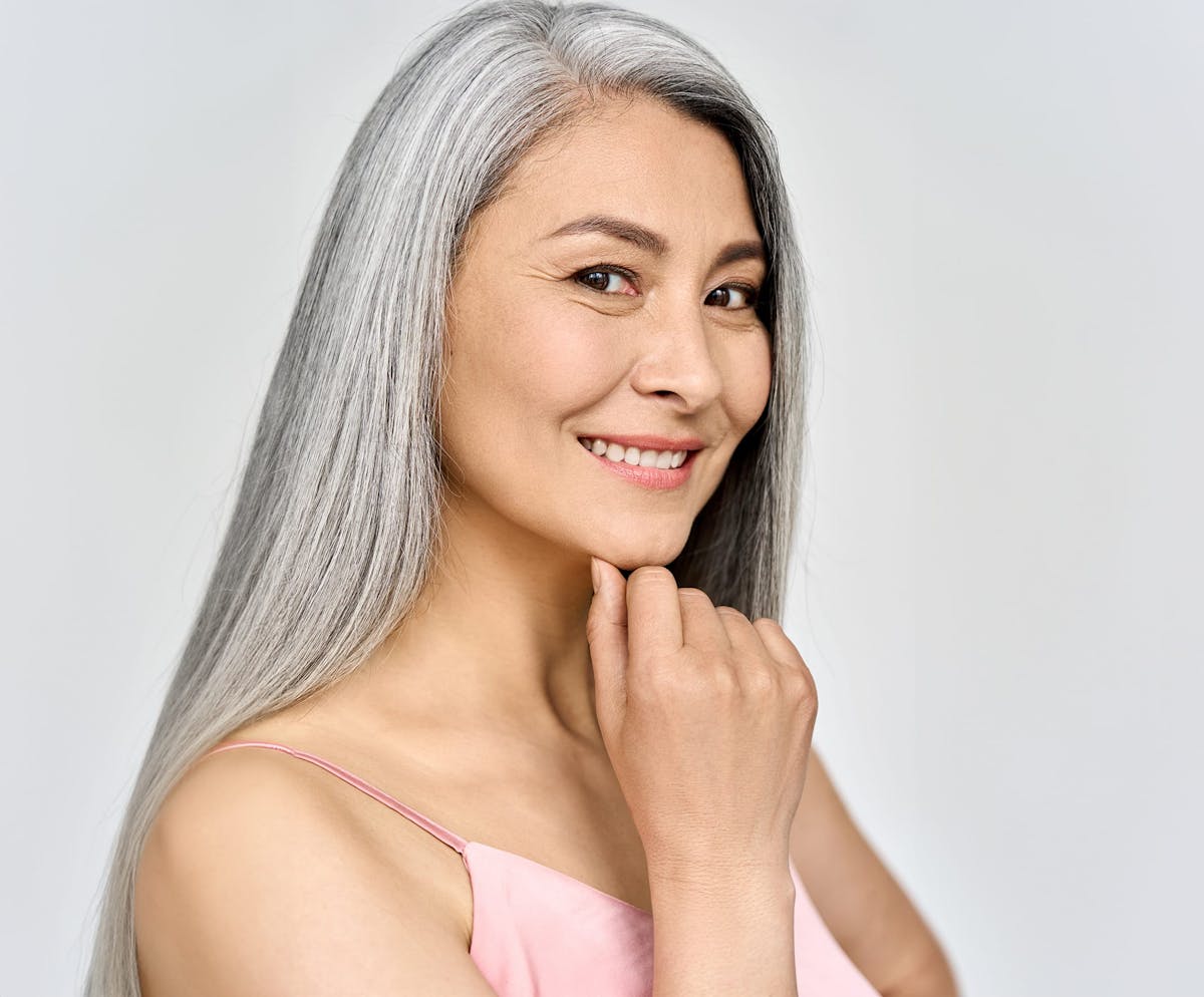 Woman with long grey hair