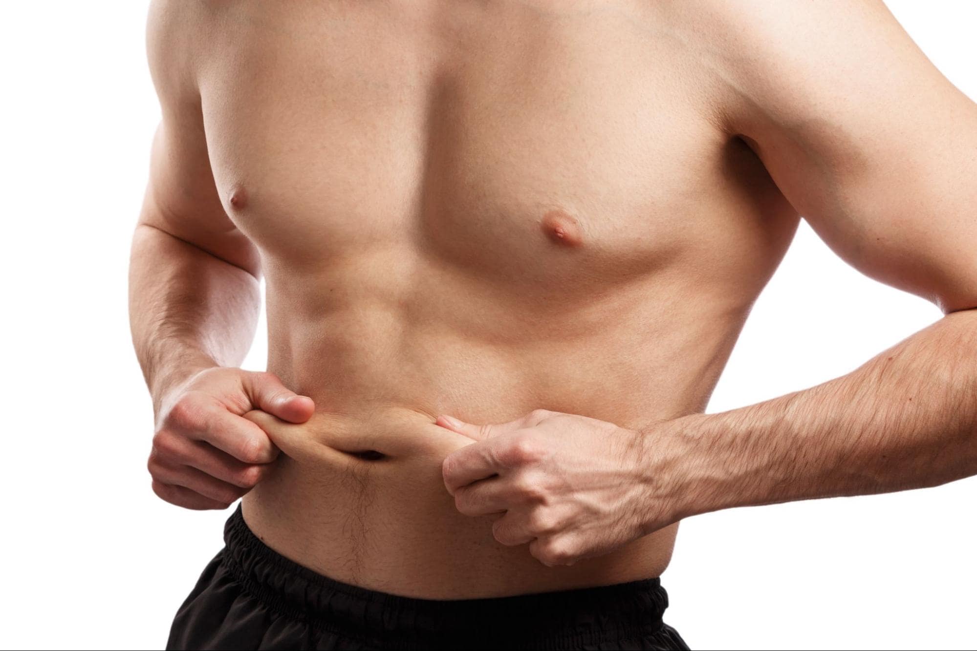 man grabbing his abdominal skin