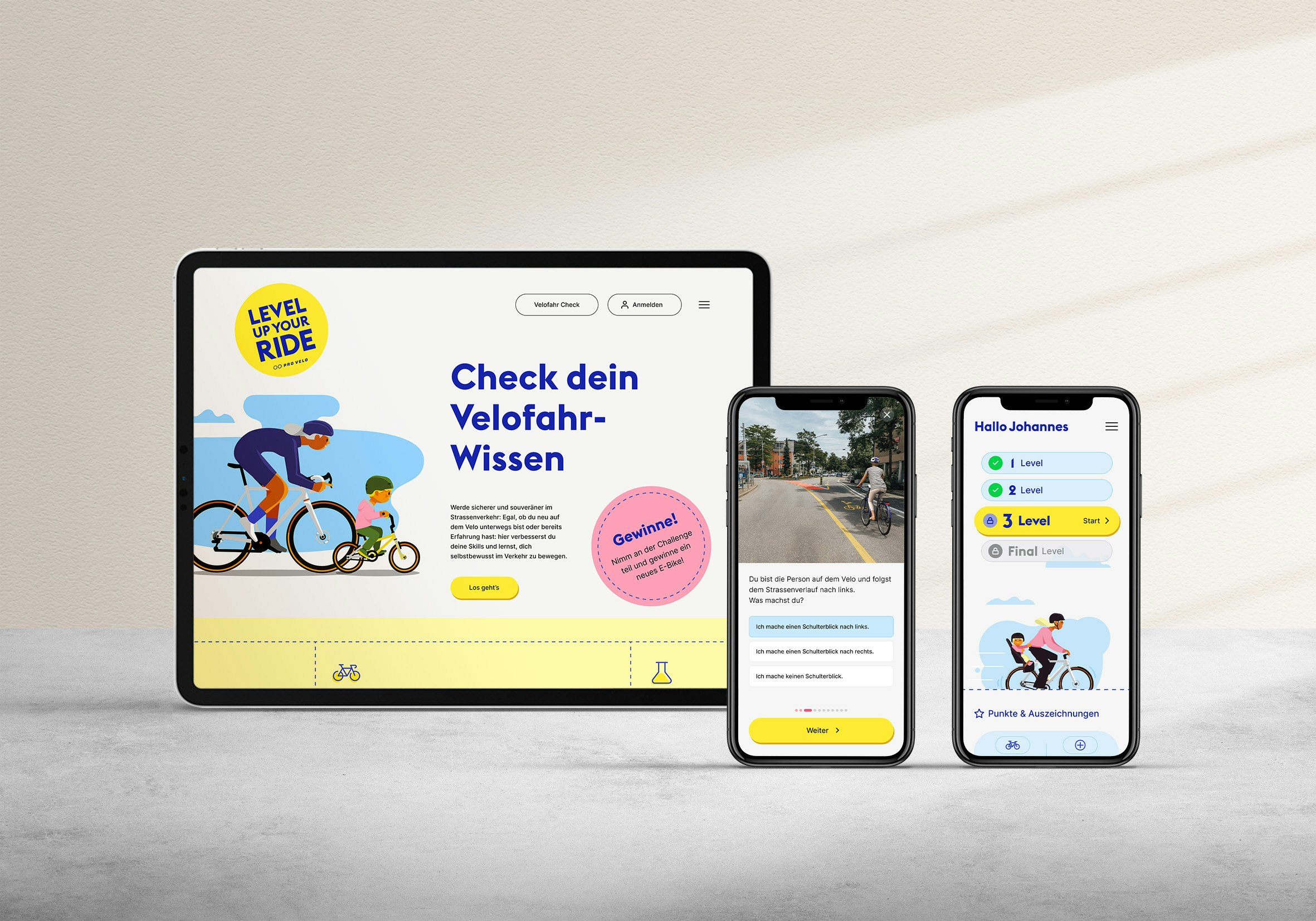 A tablet and two smartphones on a light background displaying the LEVEL UP YOUR RIDE App.