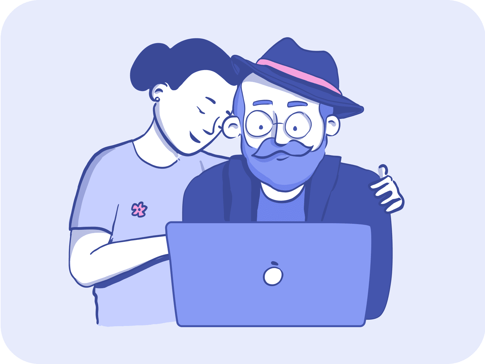 alzguide.ch illustration of a woman hugging a old man in front of a laptop.