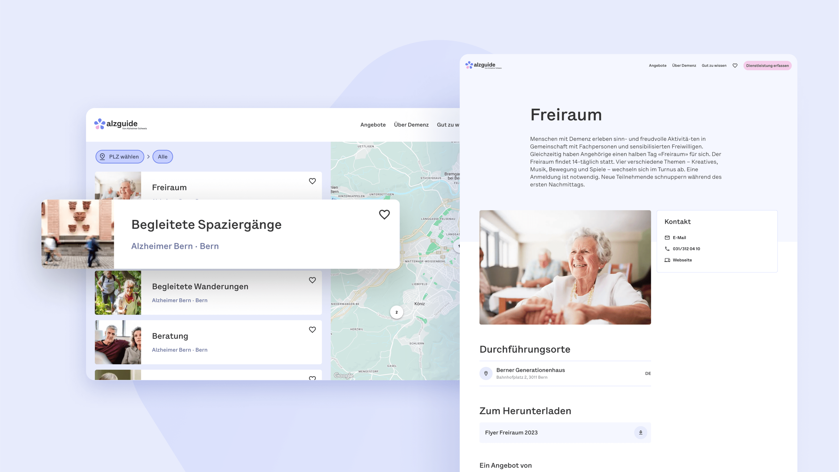 An alzguide.ch screenshot showing a list of services as well as the detailed view of a service page.