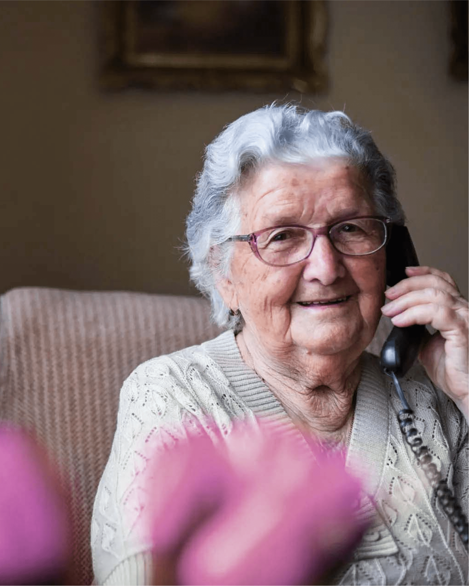 An old woman on the phone.