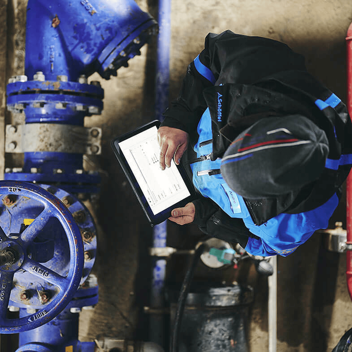A resort employee performing maintenance on a facility, with the clair App open on a tablet in hand.