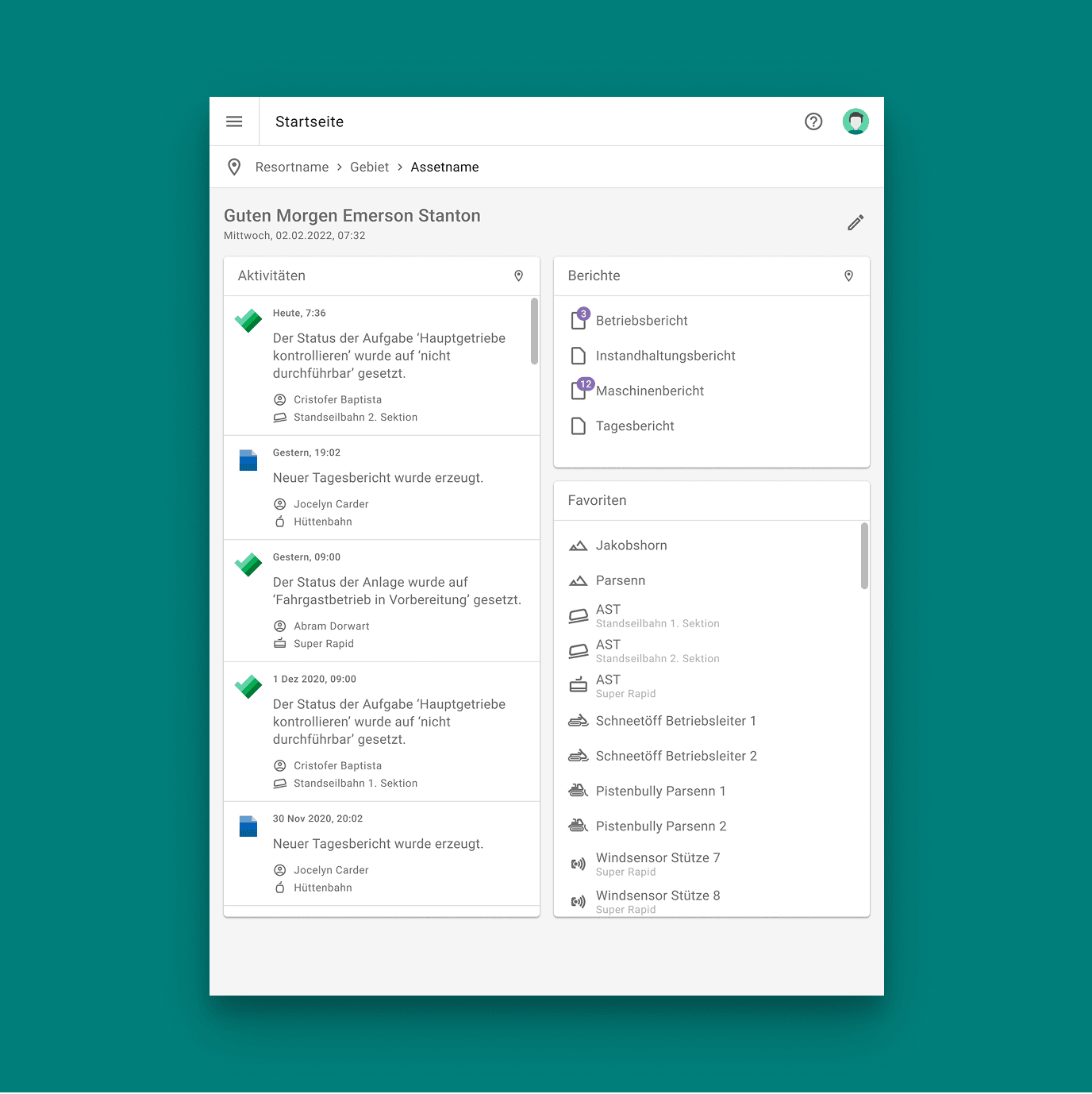 A clair App screenshot displaying an overview of activities, reports, and favorites from the home screen.