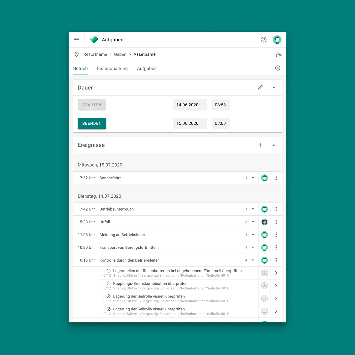 A screenshot of the clair App, showing a list of events such as "special ride" or "service interruption."