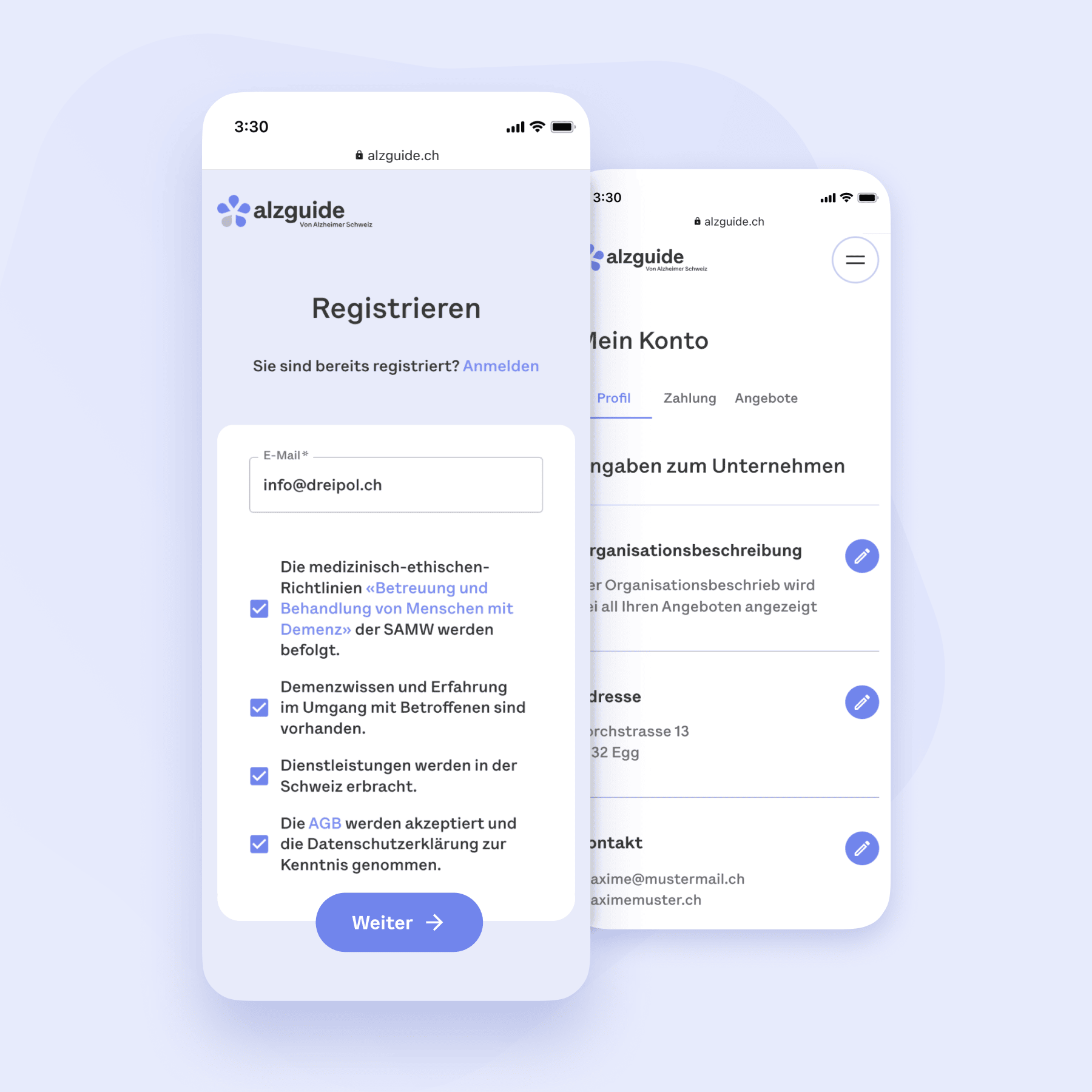 Two alzguide.ch screenshots show the registration page and the "My Account" page.