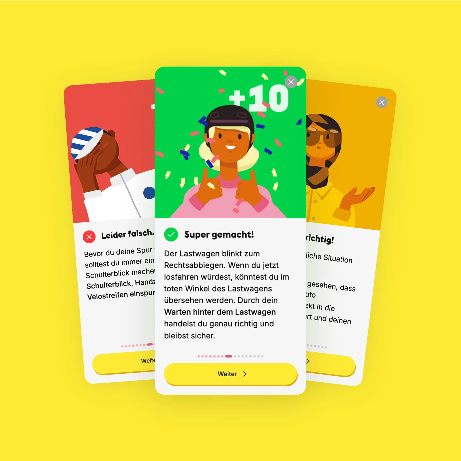 Three screens showing correctly, partially correct, and incorrectly answered questions.