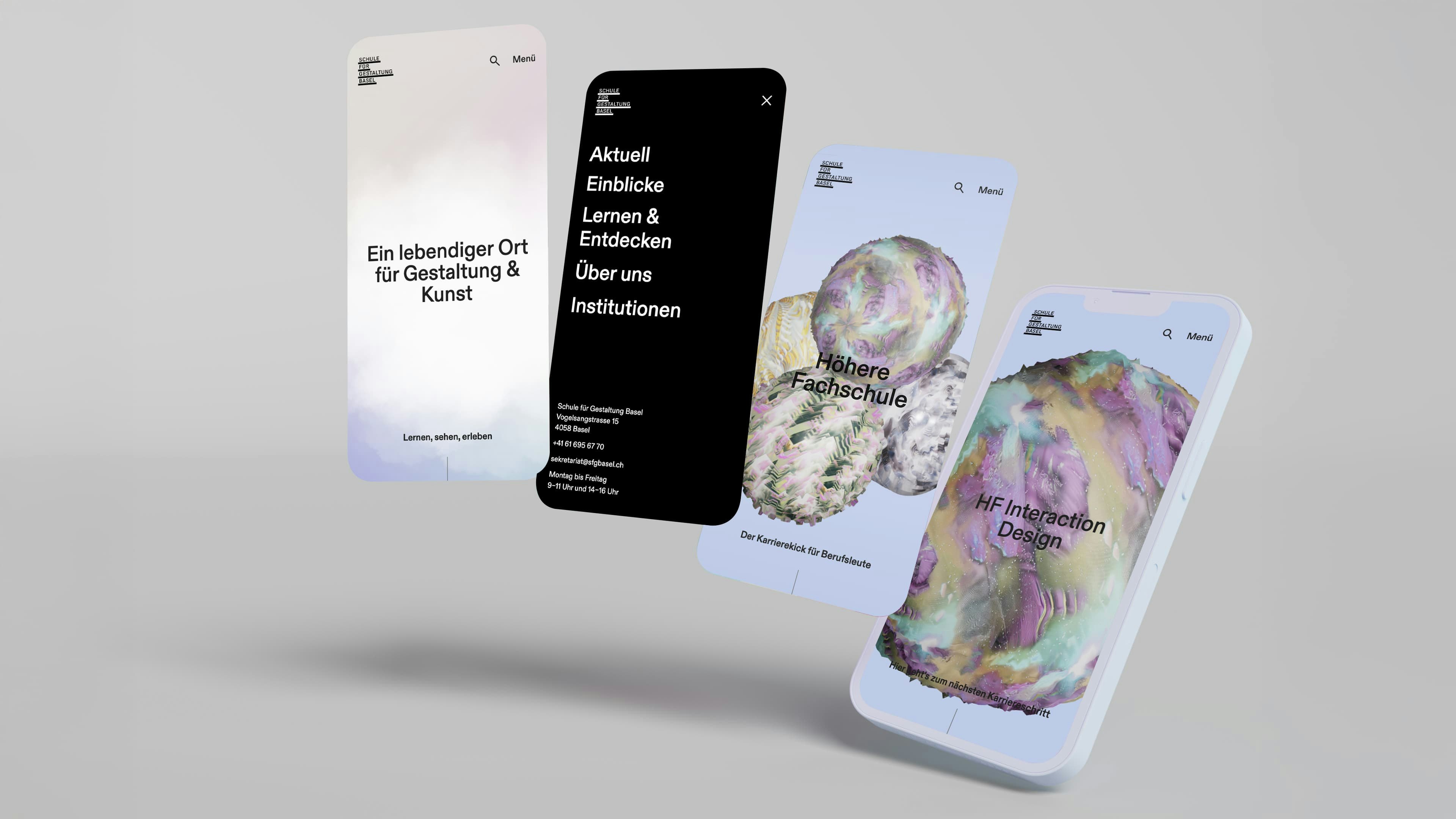 Four smartphones displaying various screens of the School of Design Basel website.