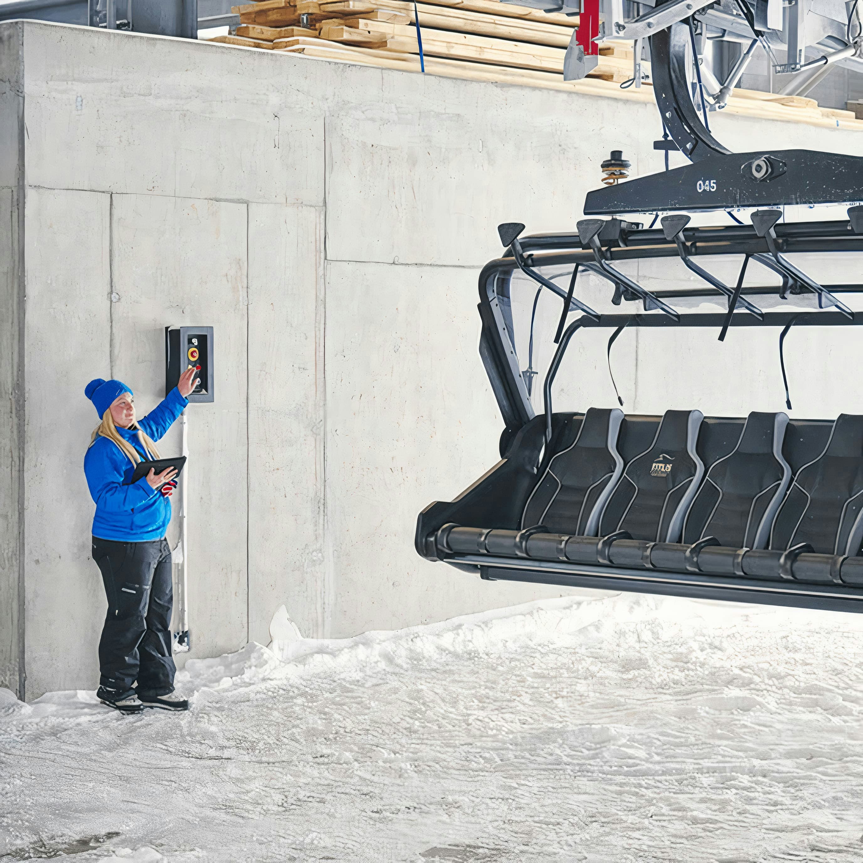 A resort employee with a tablet in hand looks at a row of ski lift seats.