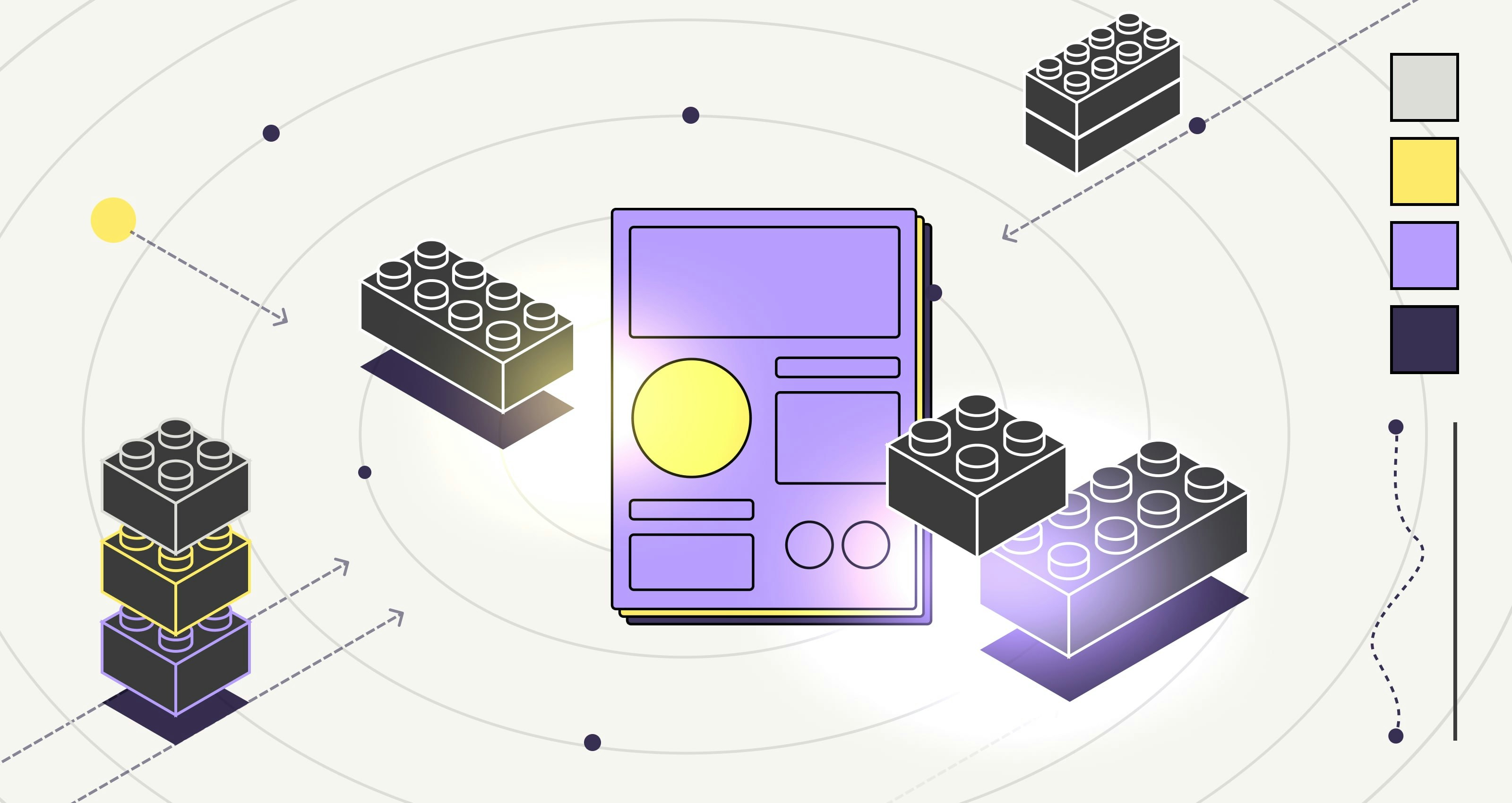 The graphic shows black Lego blocks on a background of concentric circles.