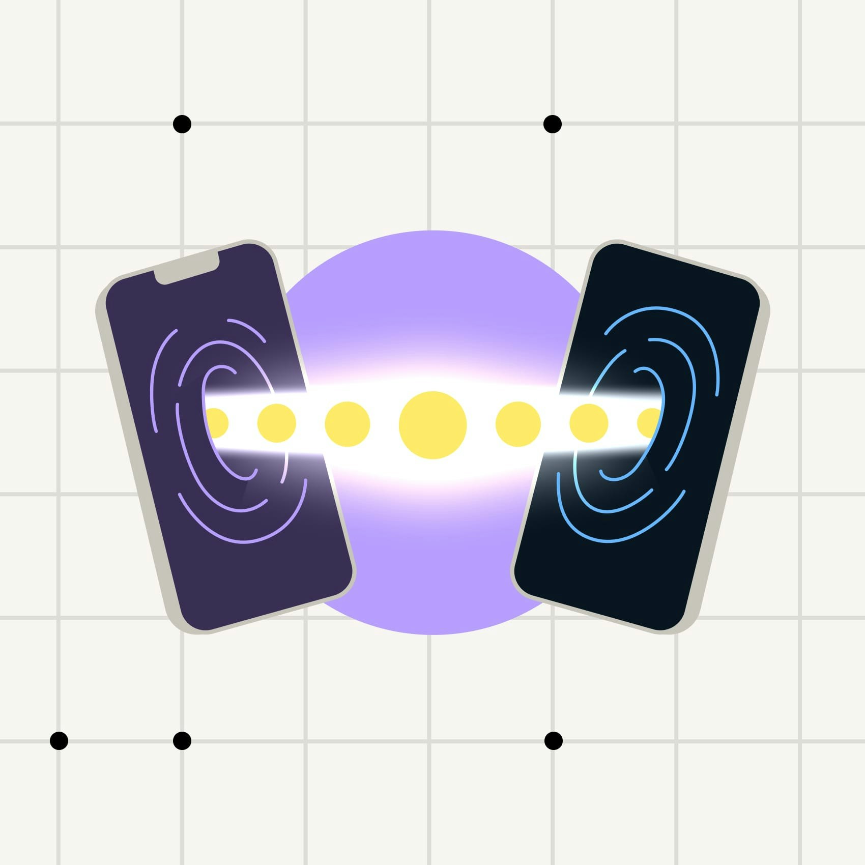 The graphic shows two smartphones on a gridded background connected by a yellow beam of light.